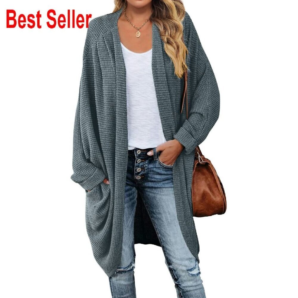Oversized Waffle Knit Cardigan Batwing Sleeves Loose Fit Chic Fall Sweater